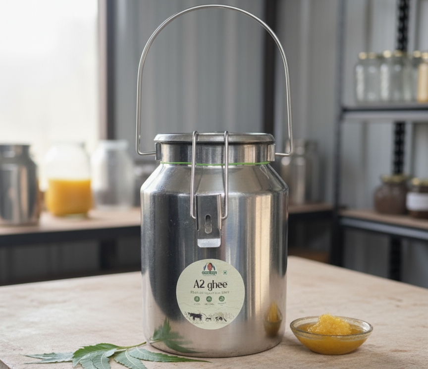 Stainless steel milk churn with a label on a wooden table in a kitchen setting